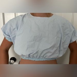 powder blue puff sleeved crop top